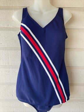 Vintage 60s Pin up style Navy V-Neck One piece swimsuit Robby Len size 14